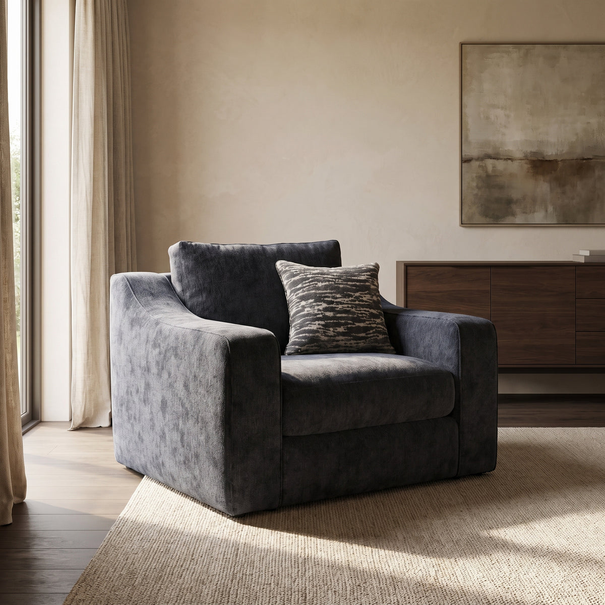 Montella Accent Chair — main lifestyle view in a warm stone and walnut living room