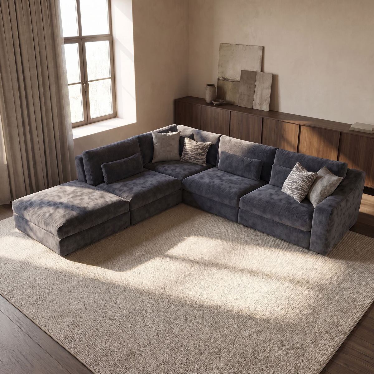 Montella Chaise 1 Corner 3 Sofa — elevated camera view in a warm stone and walnut living room