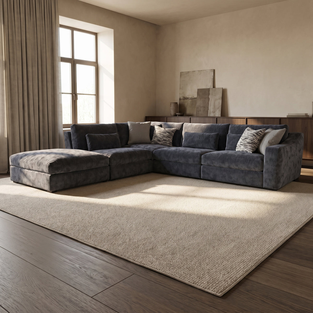Montella Chaise 1 Corner 3 Sofa — main lifestyle view in a warm stone and walnut living room