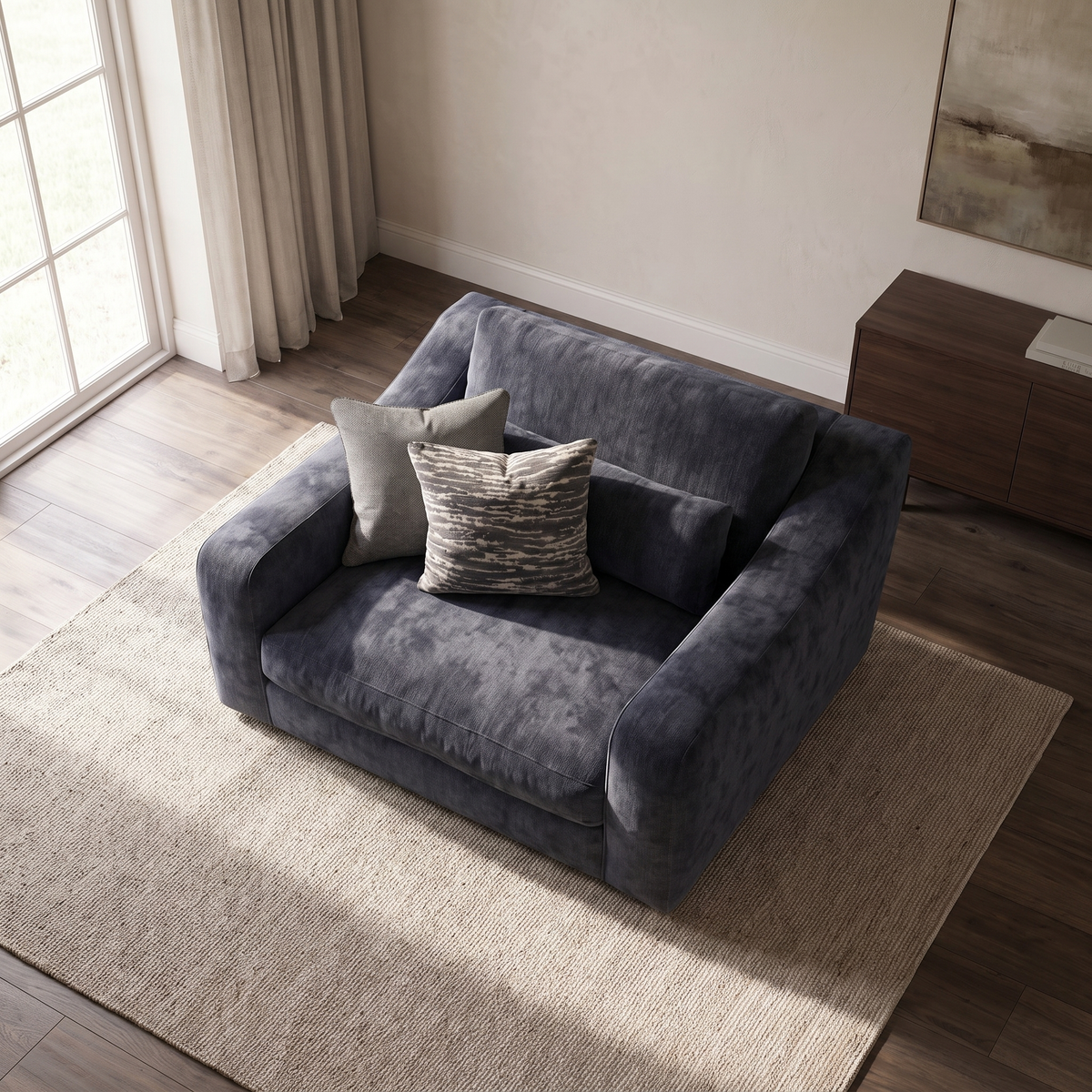 Montella Loveseat Sofa — elevated camera view in a warm stone and walnut living room