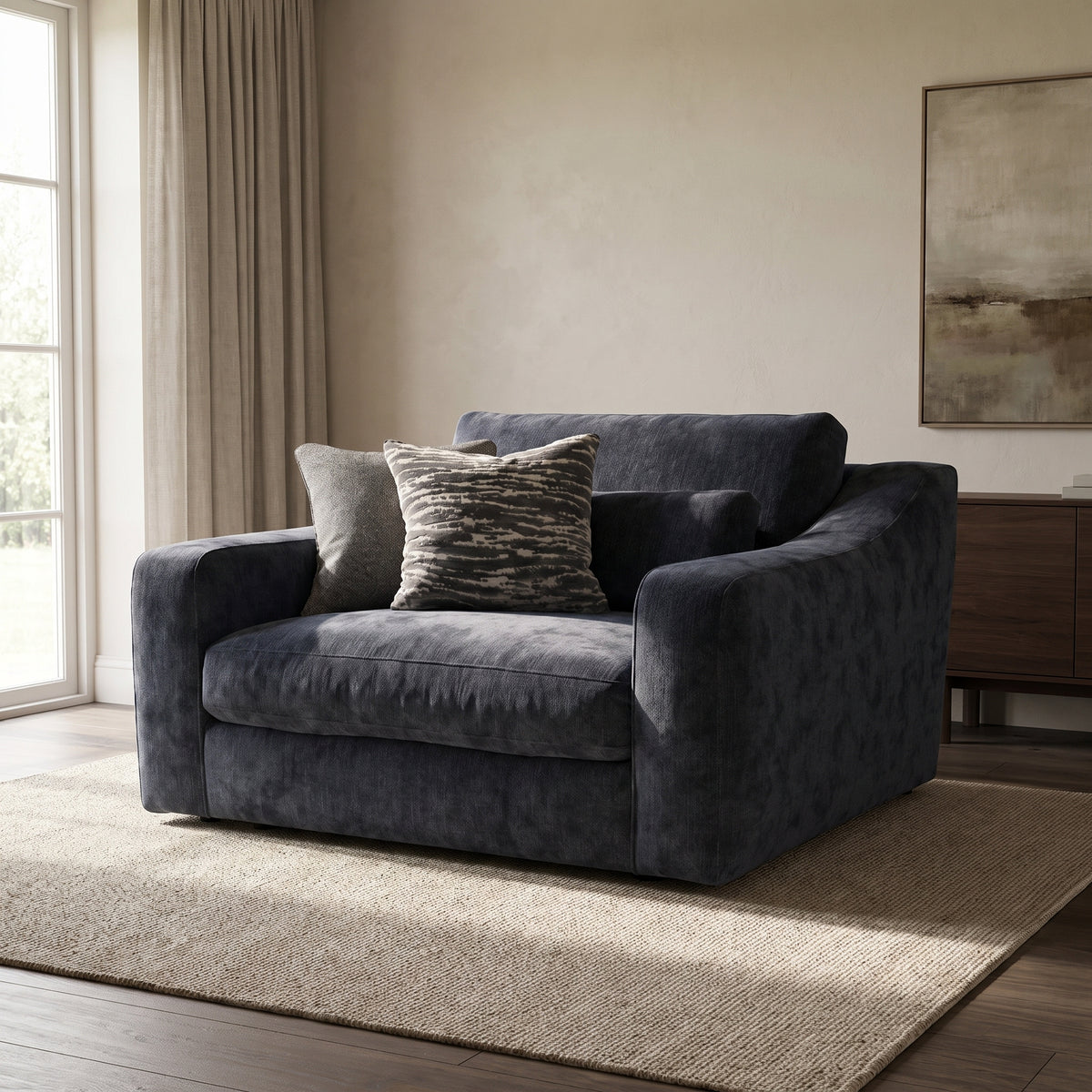 Montella Loveseat Sofa — main lifestyle view in a warm stone and walnut living room