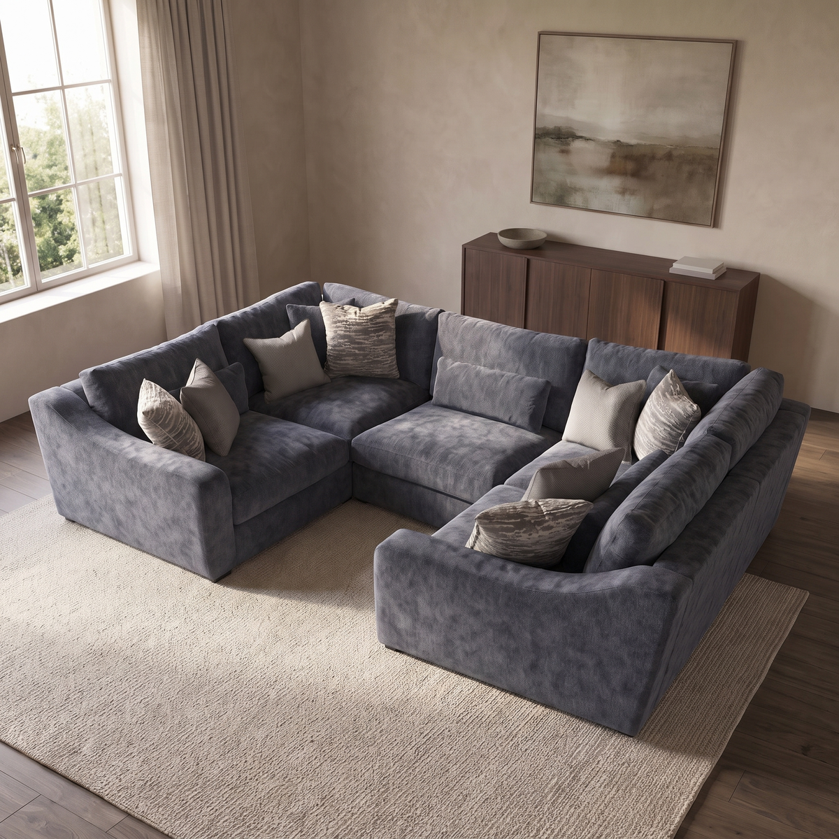 Montella U Shaped Sofa — elevated camera view in a warm stone and walnut living room