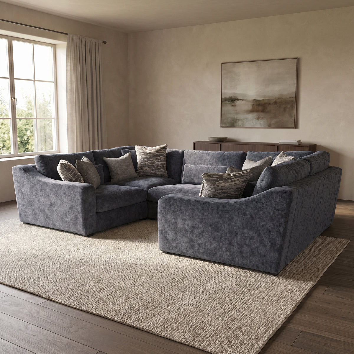 Montella U Shaped Sofa — main lifestyle view in a warm stone and walnut living room