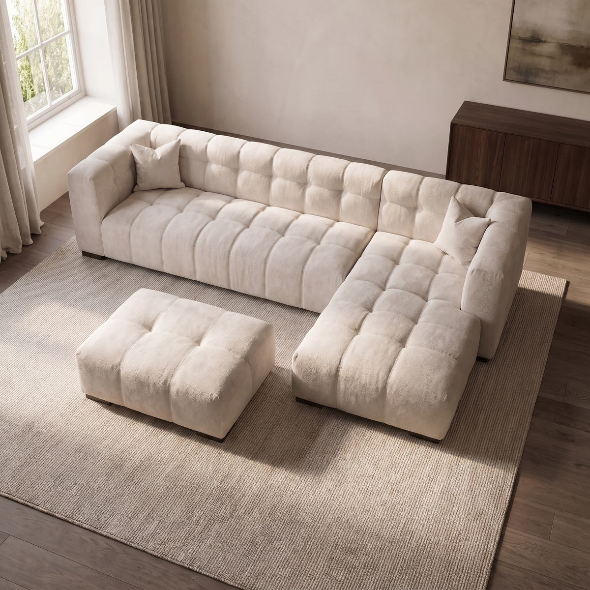 Novara Channel-Tufted Cinema Corner Sofa — elevated camera view in a warm stone and walnut living room