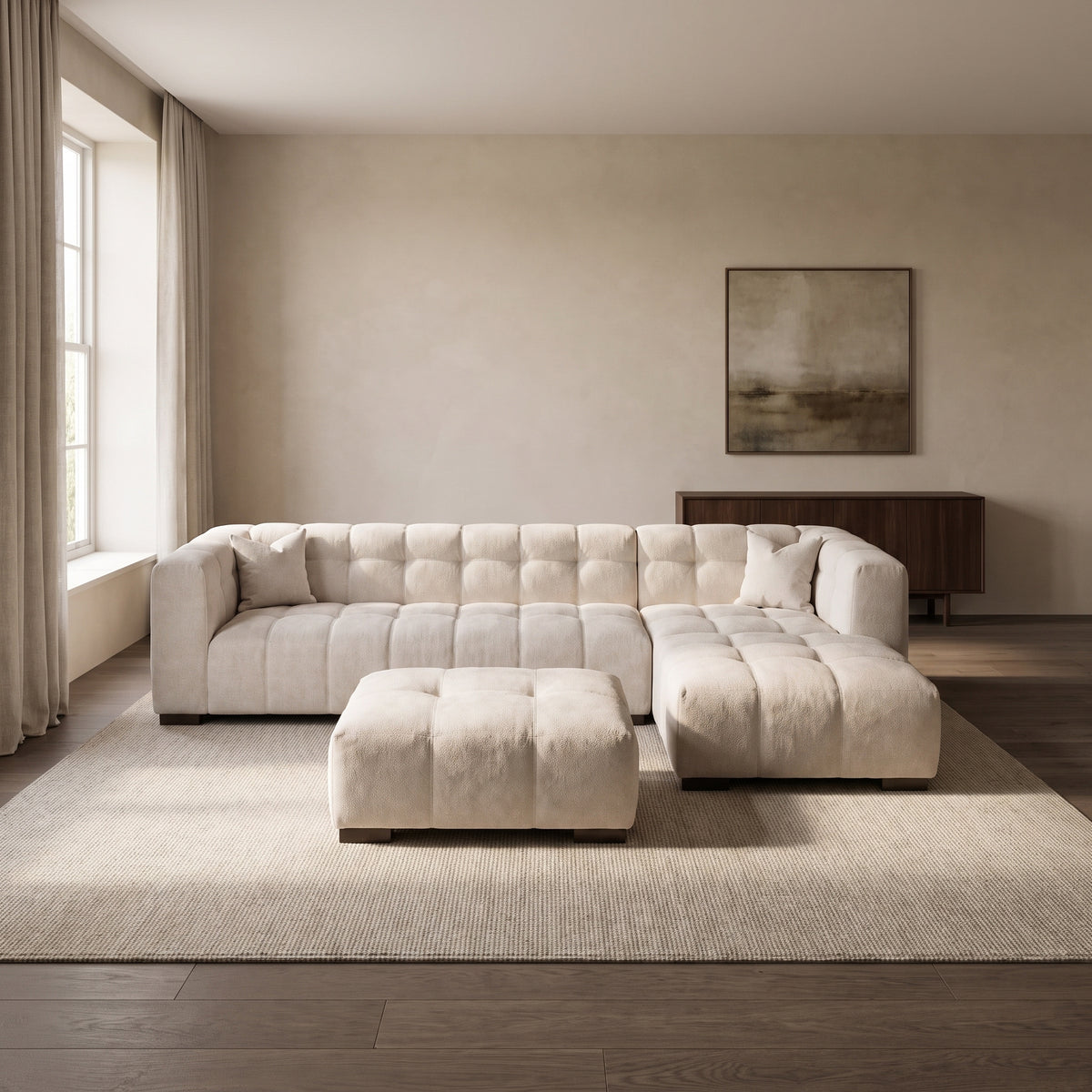 Novara Channel-Tufted Cinema Corner Sofa — main lifestyle view in a warm stone and walnut living room