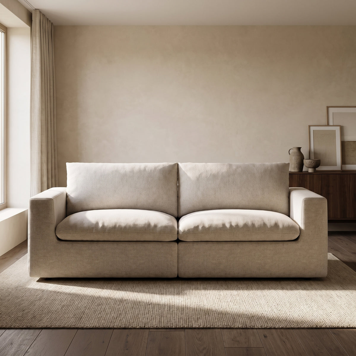 Nuvola 3-Seater Premium Feather-Filled Sofa — main lifestyle view in a warm stone and walnut living room