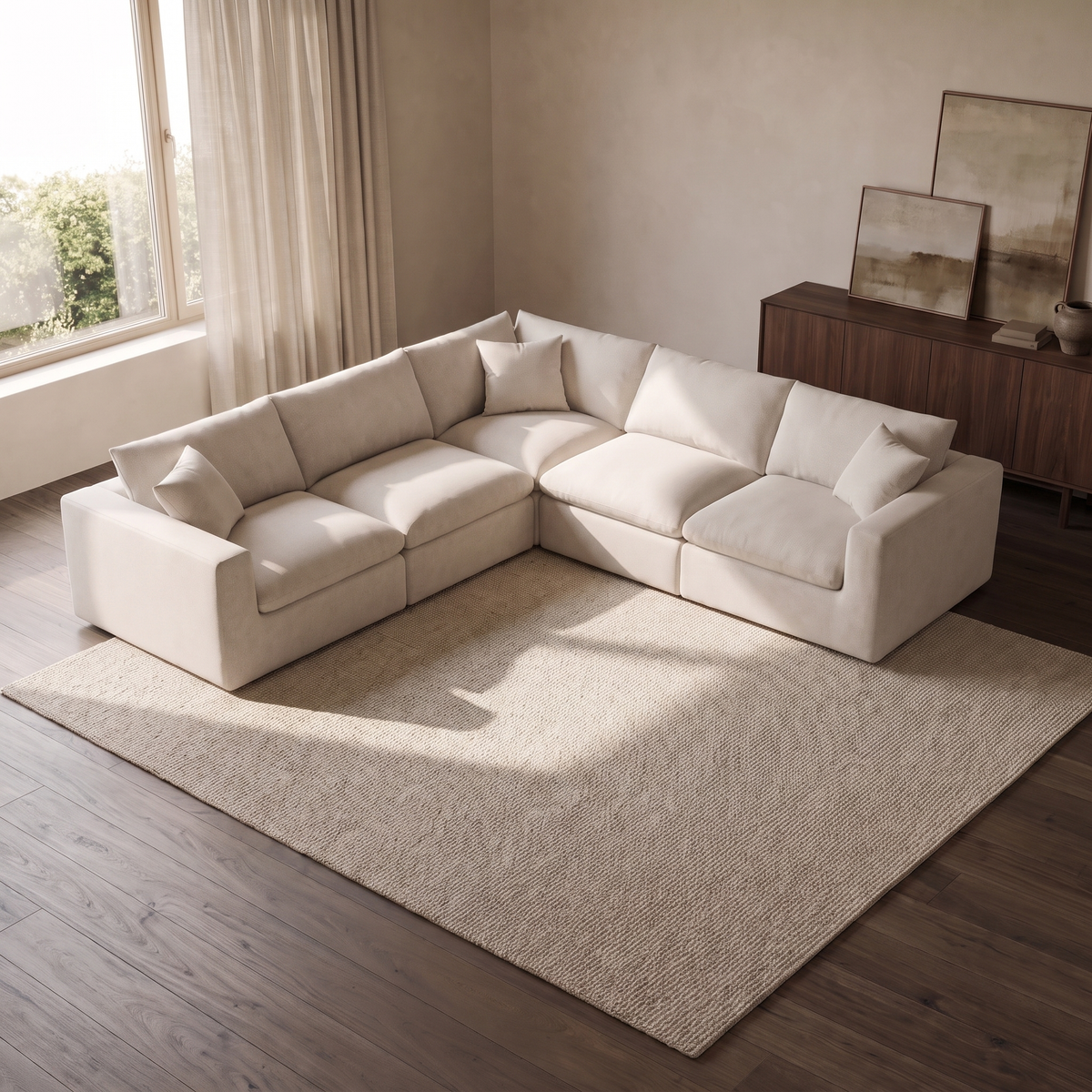 Nuvola 5-Seater Modular Feather-Filled Corner Sofa — elevated camera view in a warm stone and walnut living room