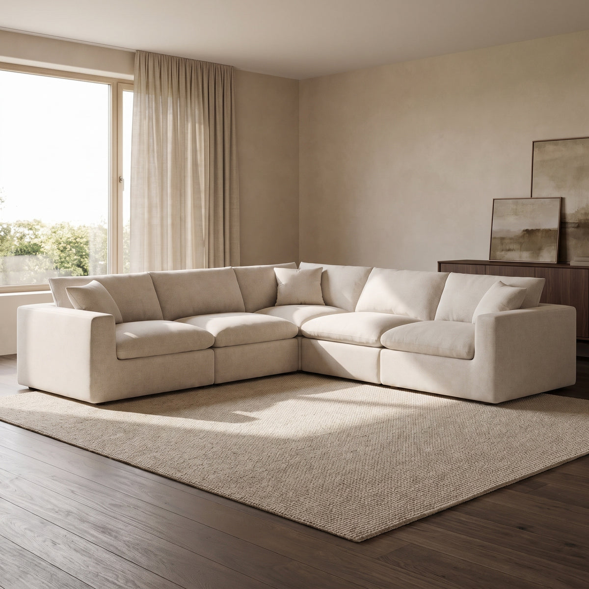 Nuvola 5-Seater Modular Feather-Filled Corner Sofa — main lifestyle view in a warm stone and walnut living room