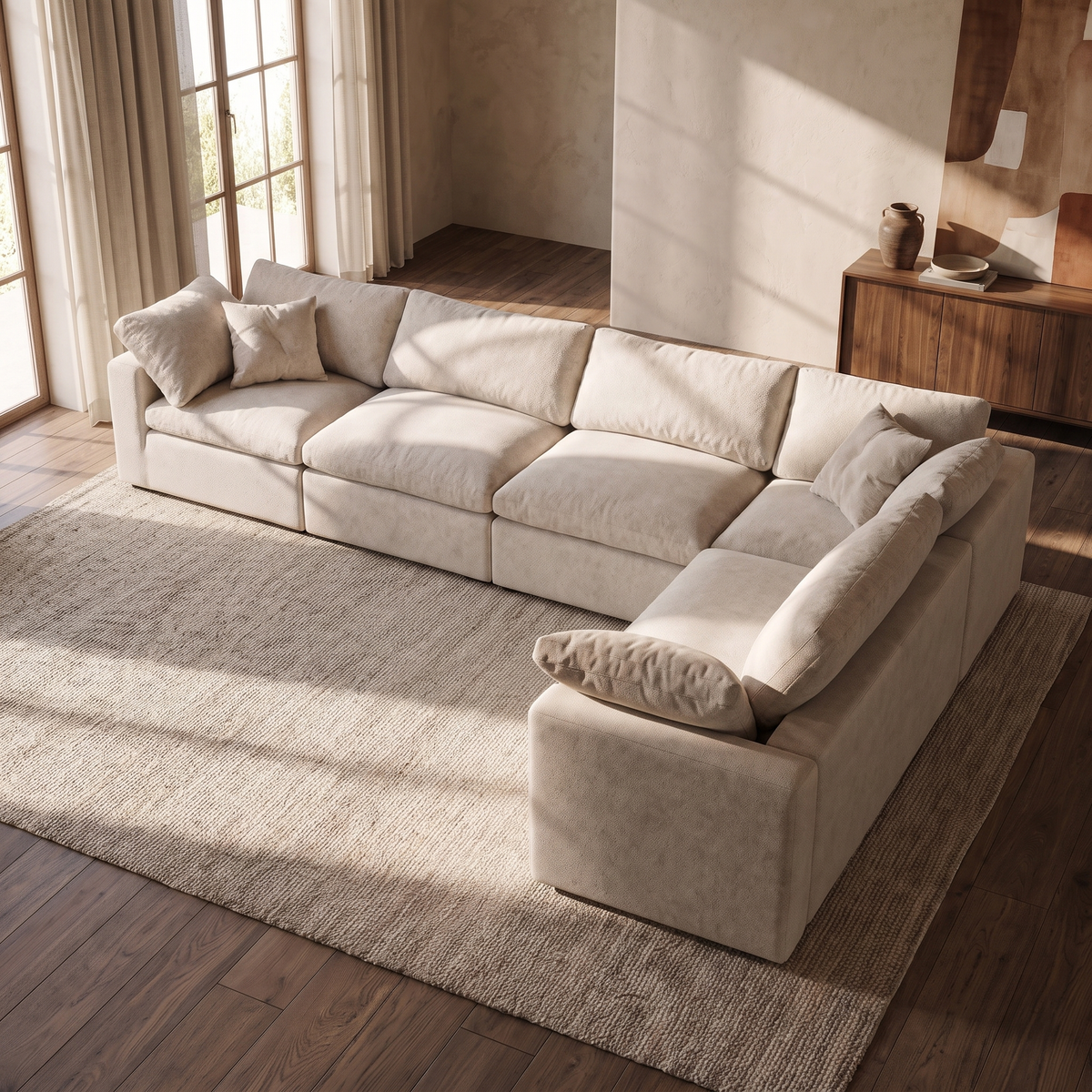 Nuvola 6-Seater Modular Corner Sofa — elevated camera view in a warm stone and walnut living room
