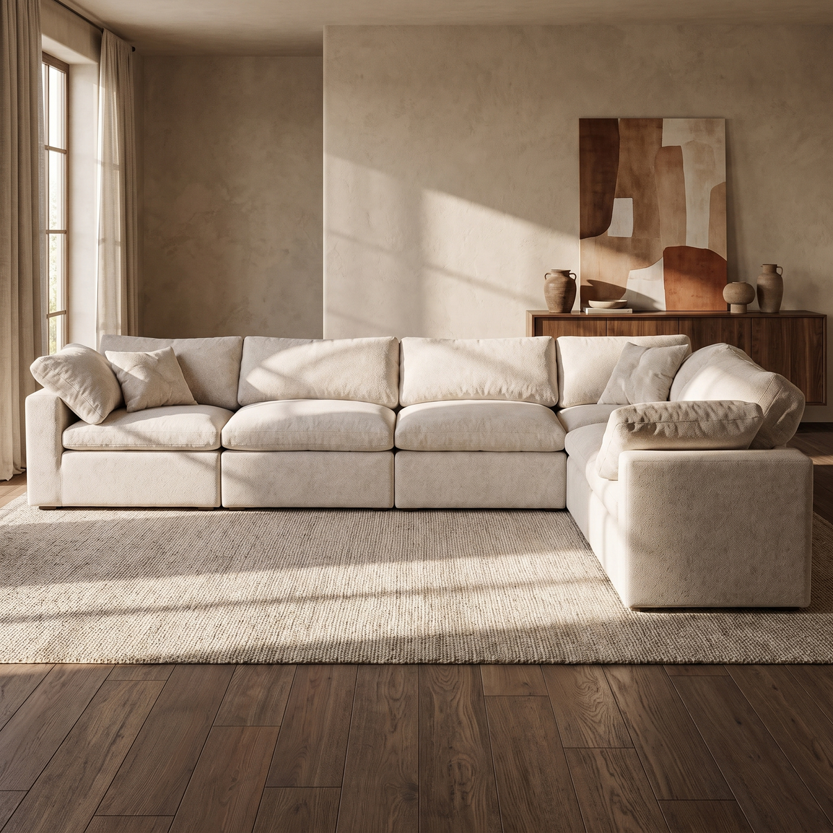 Nuvola 6-Seater Modular Corner Sofa — main lifestyle view in a warm stone and walnut living room