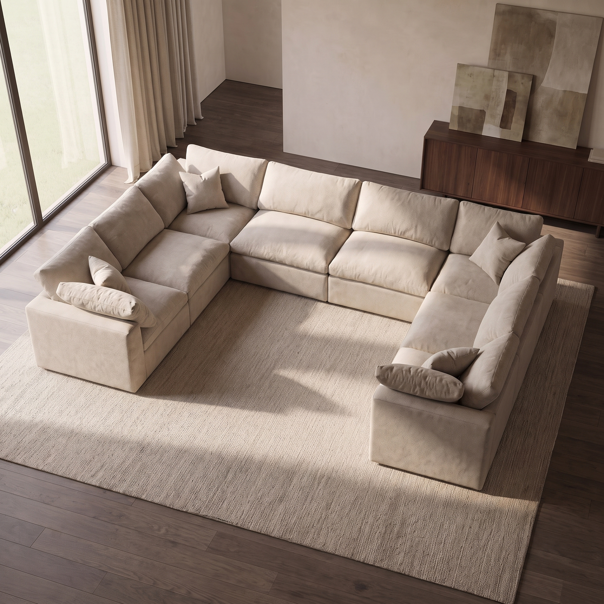 Nuvola Closed-End Large U-Shape Sofa — elevated camera view in a warm stone and walnut living room