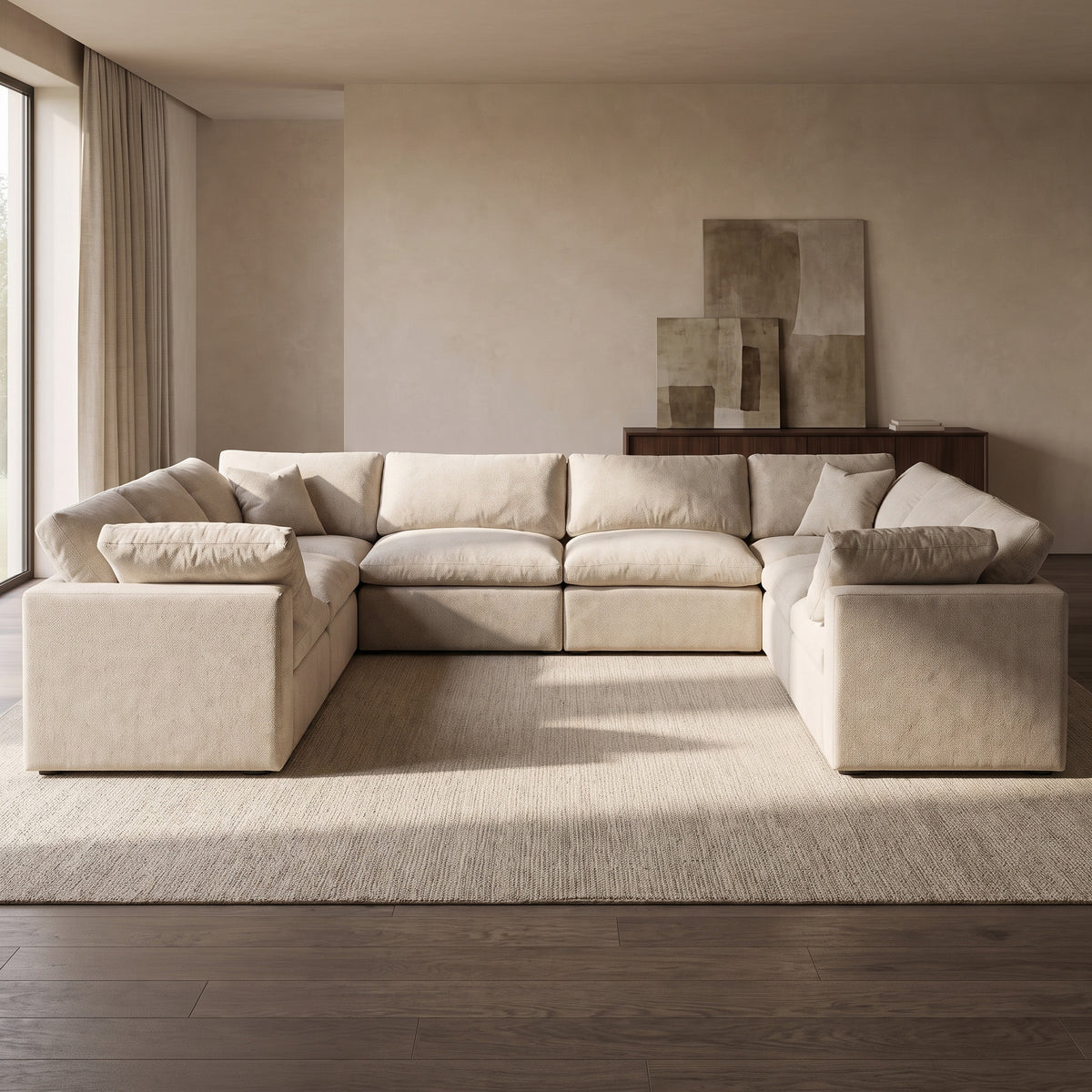 Nuvola Closed-End Large U-Shape Sofa — main lifestyle view in a warm stone and walnut living room