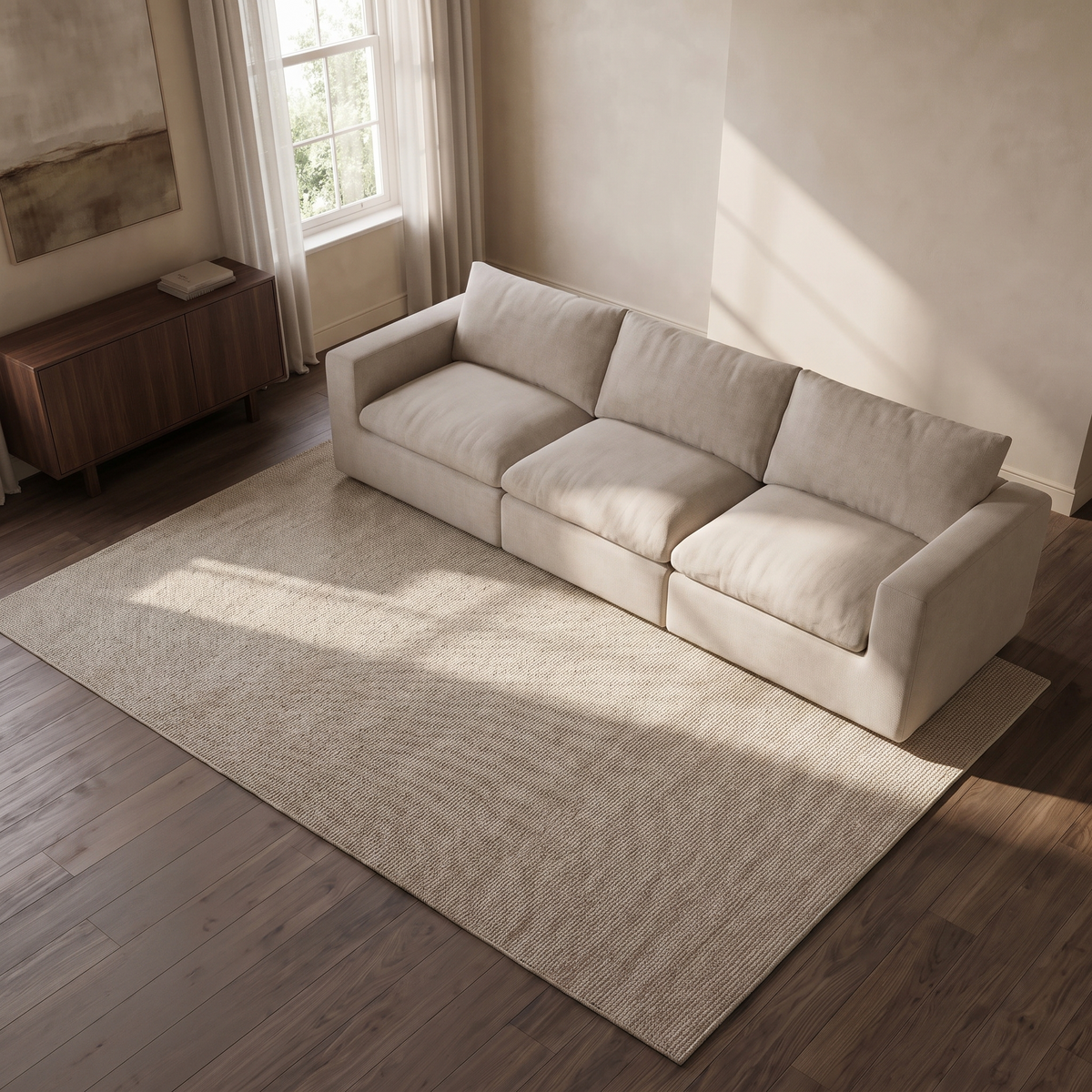 Nuvola Extended Modular Feather-Filled Sofa — elevated camera view in a warm stone and walnut living room