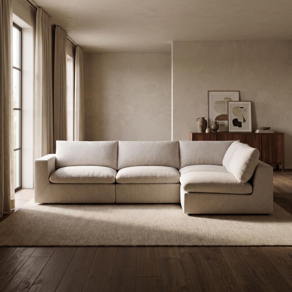 Nuvola Feather-Filled Open Corner Sofa — main lifestyle view in a warm stone and walnut living room