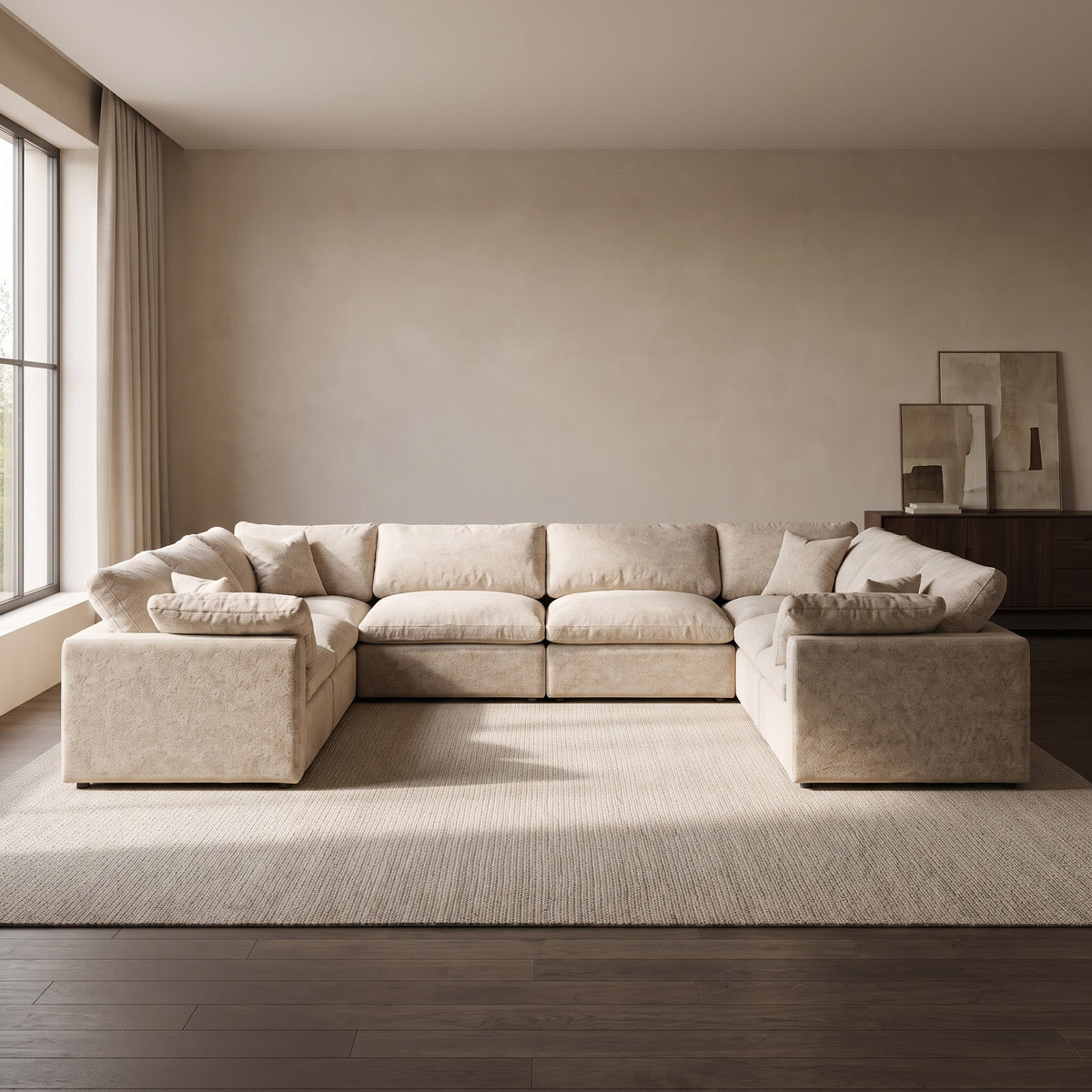 Nuvola Feather-Filled U-Shape Sectional Sofa — main lifestyle view in a warm stone and walnut living room