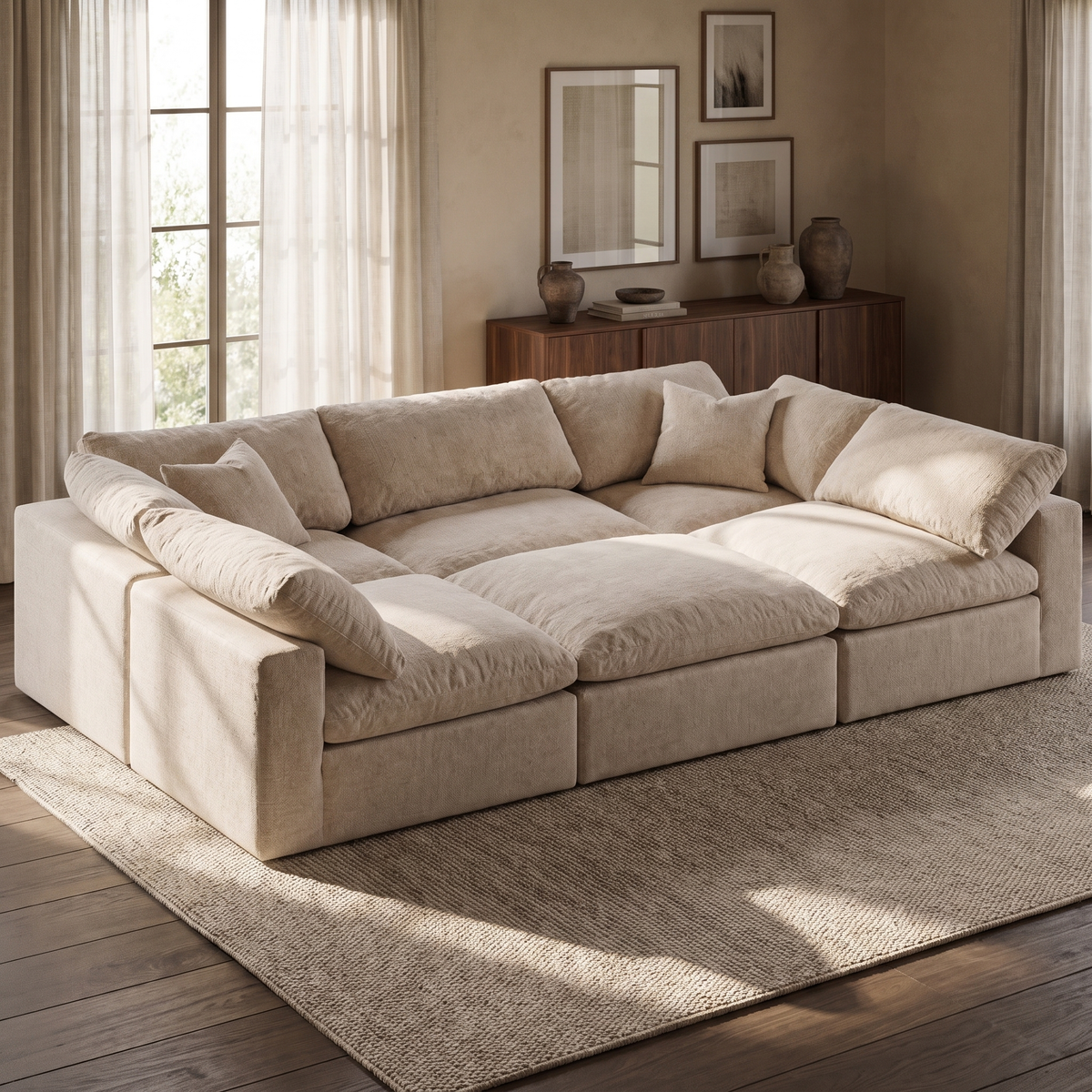 Nuvola Pit-Sectional Feather Cinema Sofa — main lifestyle view in a warm stone and walnut living room