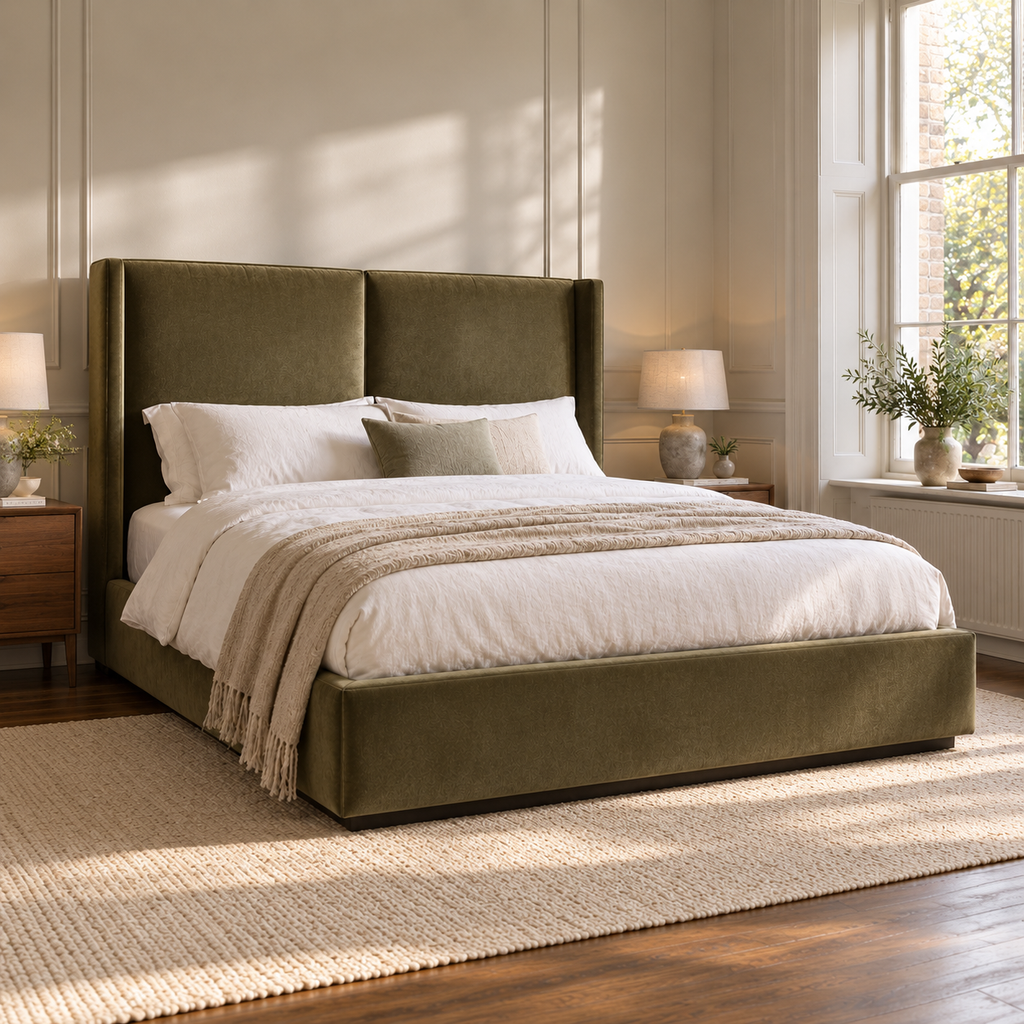 CK Living Ormond upholstered bed — opposite-angle lifestyle view