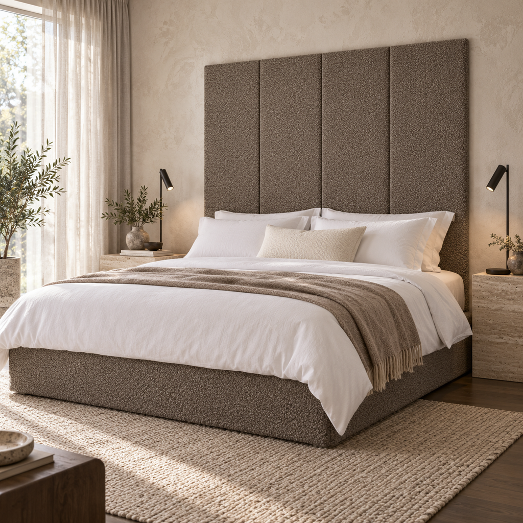 Four Pebble Teddy 45cm wall panels behind a matching upholstered bed base in a styled bedroom. Room visualisation; panels sold individually, base and styling separate.