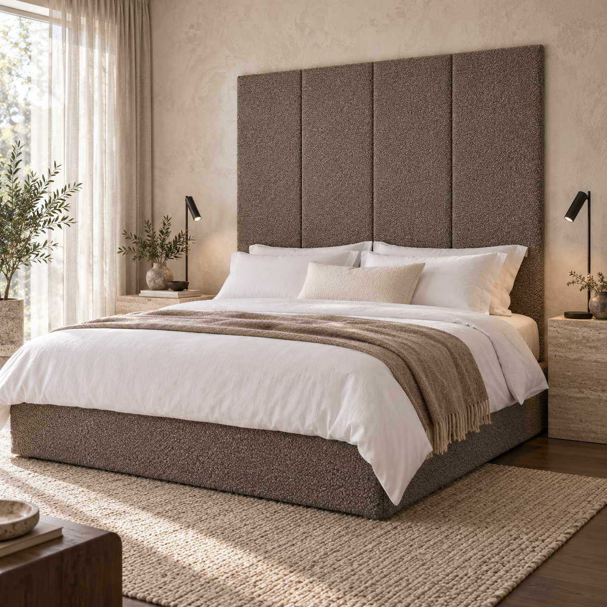Four Pebble Teddy 45cm wall panels behind a matching upholstered bed base in a styled bedroom. Room visualisation; panels sold individually, base and styling separate.