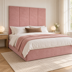 Four Pink Plush Velvet 45cm wall panels behind a matching upholstered bed base in a styled bedroom. Room visualisation; panels sold individually, base and styling separate.