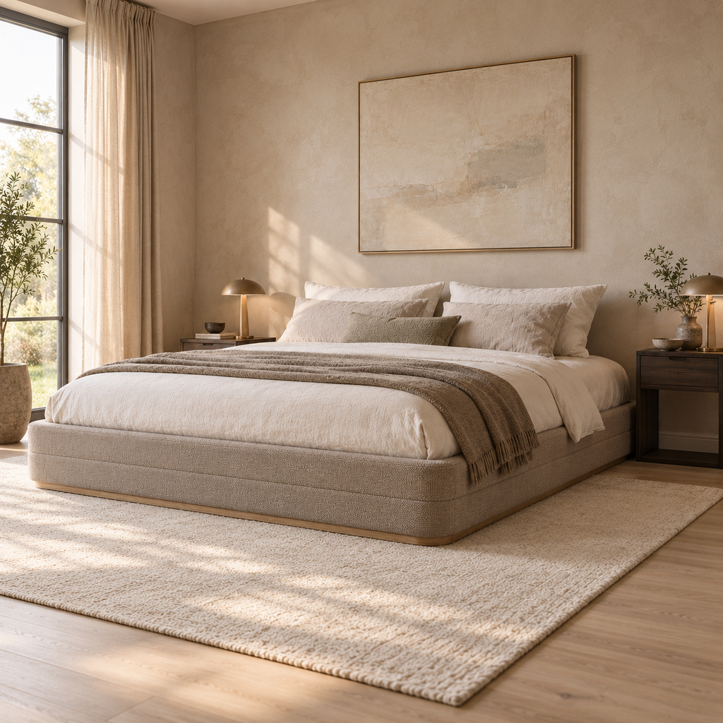 CK Living Portman upholstered bed — opposite-angle lifestyle view