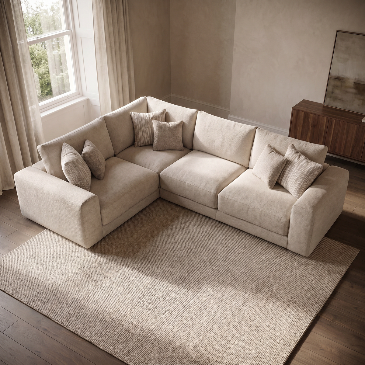 Portofino 1 Corner 2 Seater Sofa — elevated camera view in a warm stone and walnut living room
