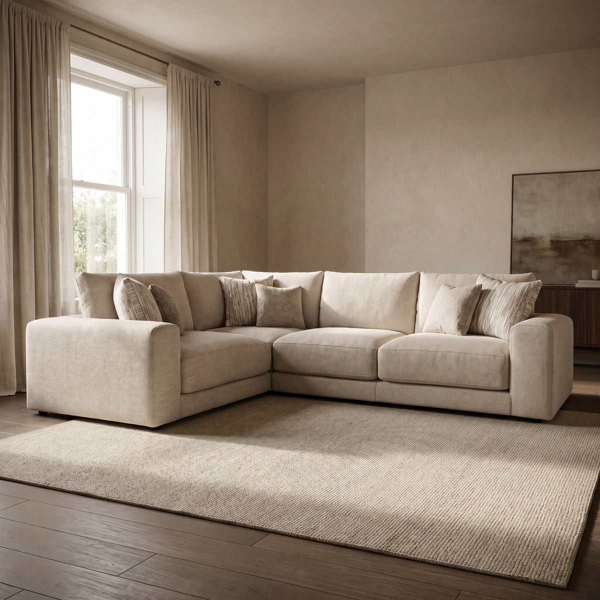Portofino 1 Corner 2 Seater Sofa — main lifestyle view in a warm stone and walnut living room