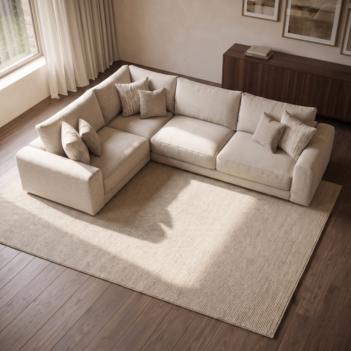 Portofino 1 Corner 3 Seater Sofa — elevated camera view in a warm stone and walnut living room