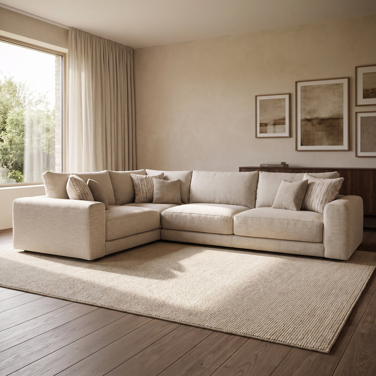 Portofino 1 Corner 3 Seater Sofa — main lifestyle view in a warm stone and walnut living room