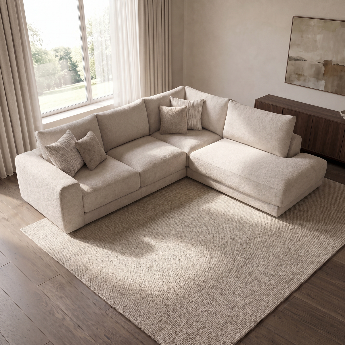 Portofino 2 Corner 1 Chaise Sofa — elevated camera view in a warm stone and walnut living room