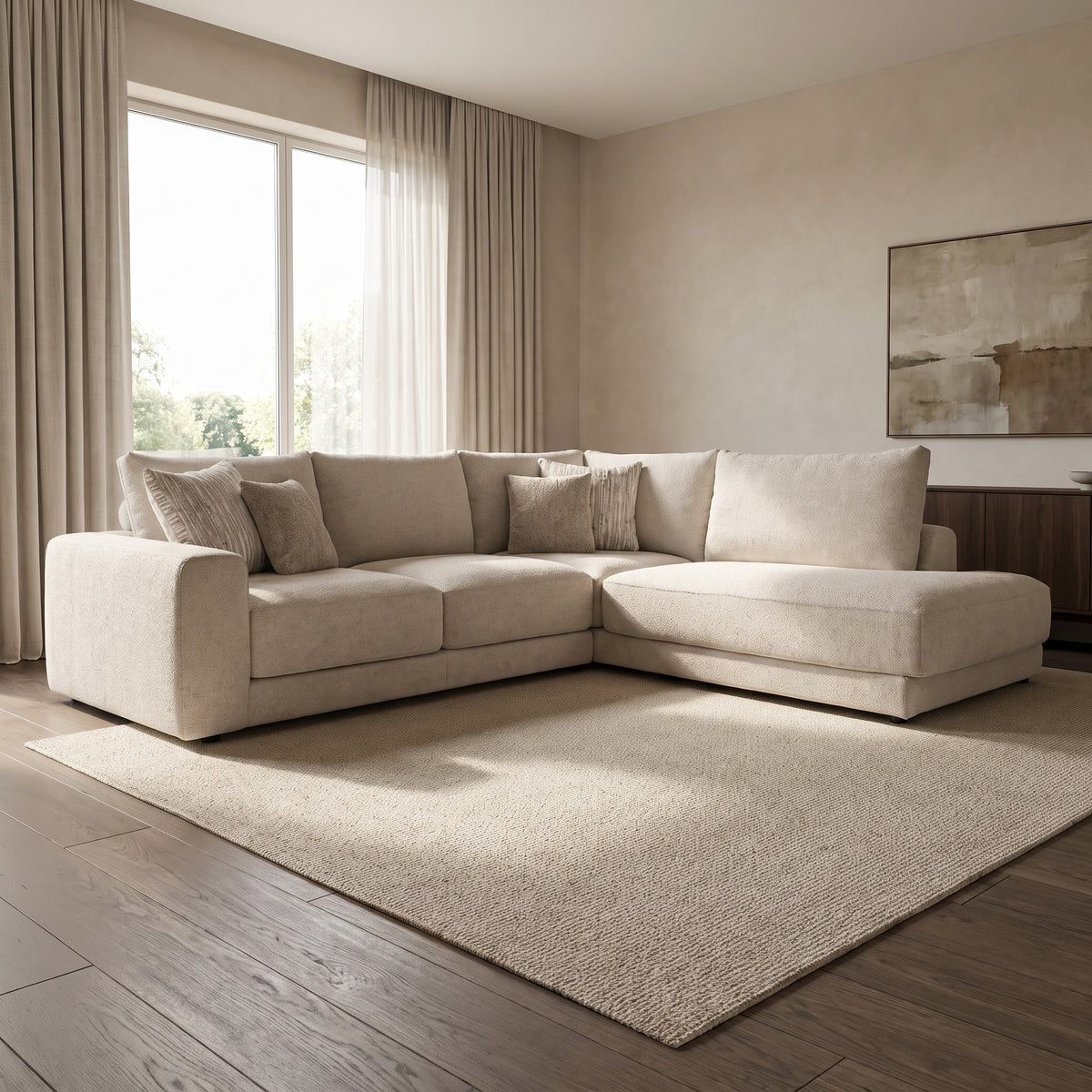Portofino 2 Corner 1 Chaise Sofa — main lifestyle view in a warm stone and walnut living room