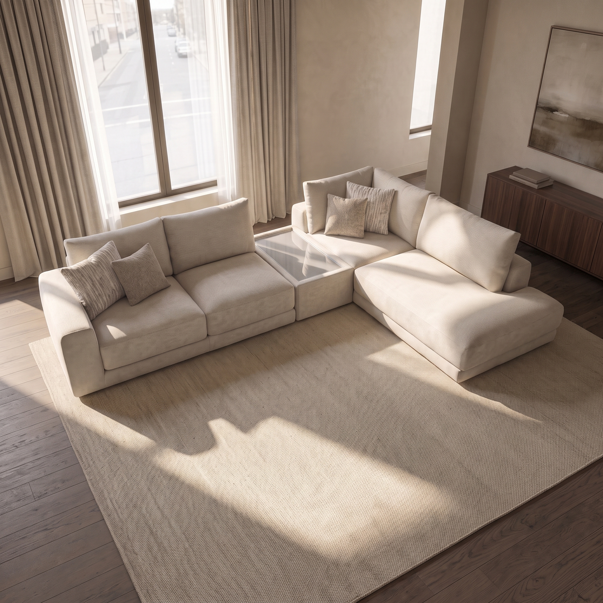 Portofino 2 Corner 1 Chaise Sofa with Console — elevated camera view in a warm stone and walnut living room