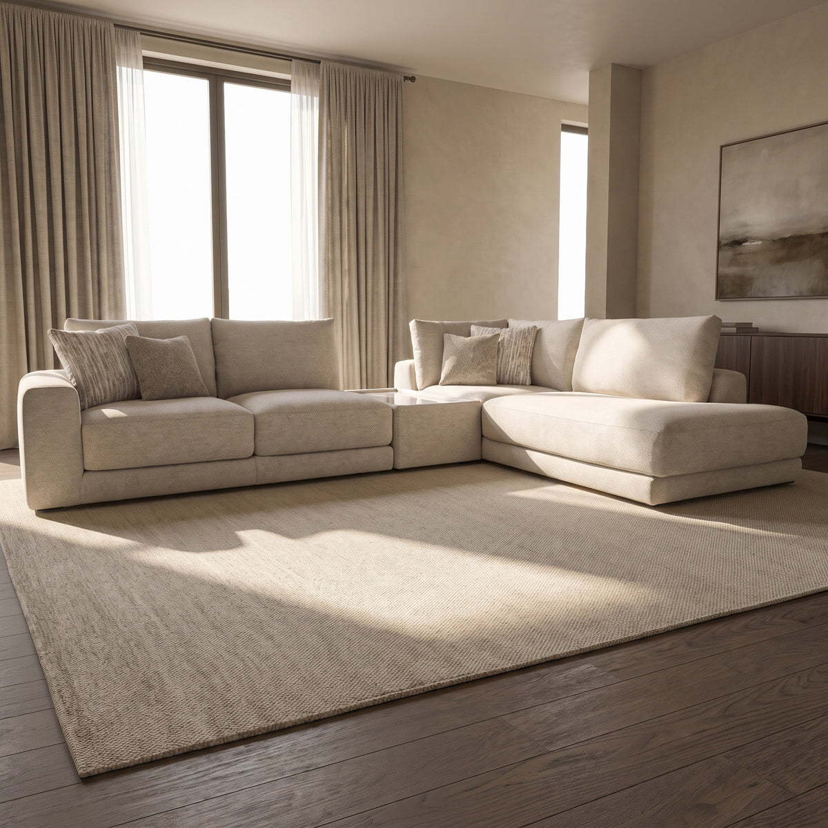 Portofino 2 Corner 1 Chaise Sofa with Console — main lifestyle view in a warm stone and walnut living room