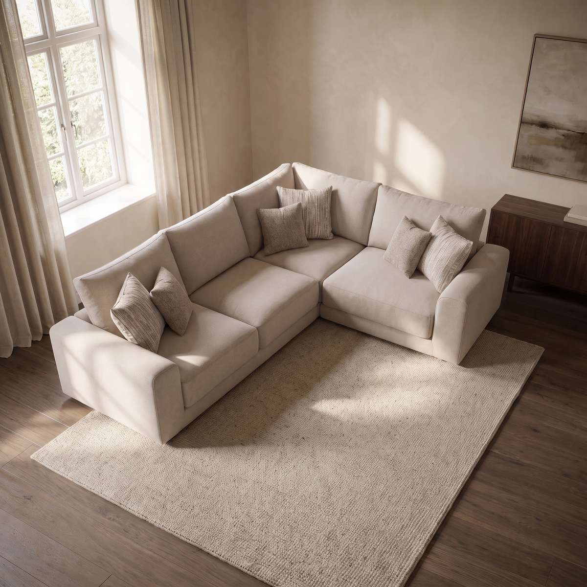 Portofino 2 Corner 1 Seater Sofa — elevated camera view in a warm stone and walnut living room