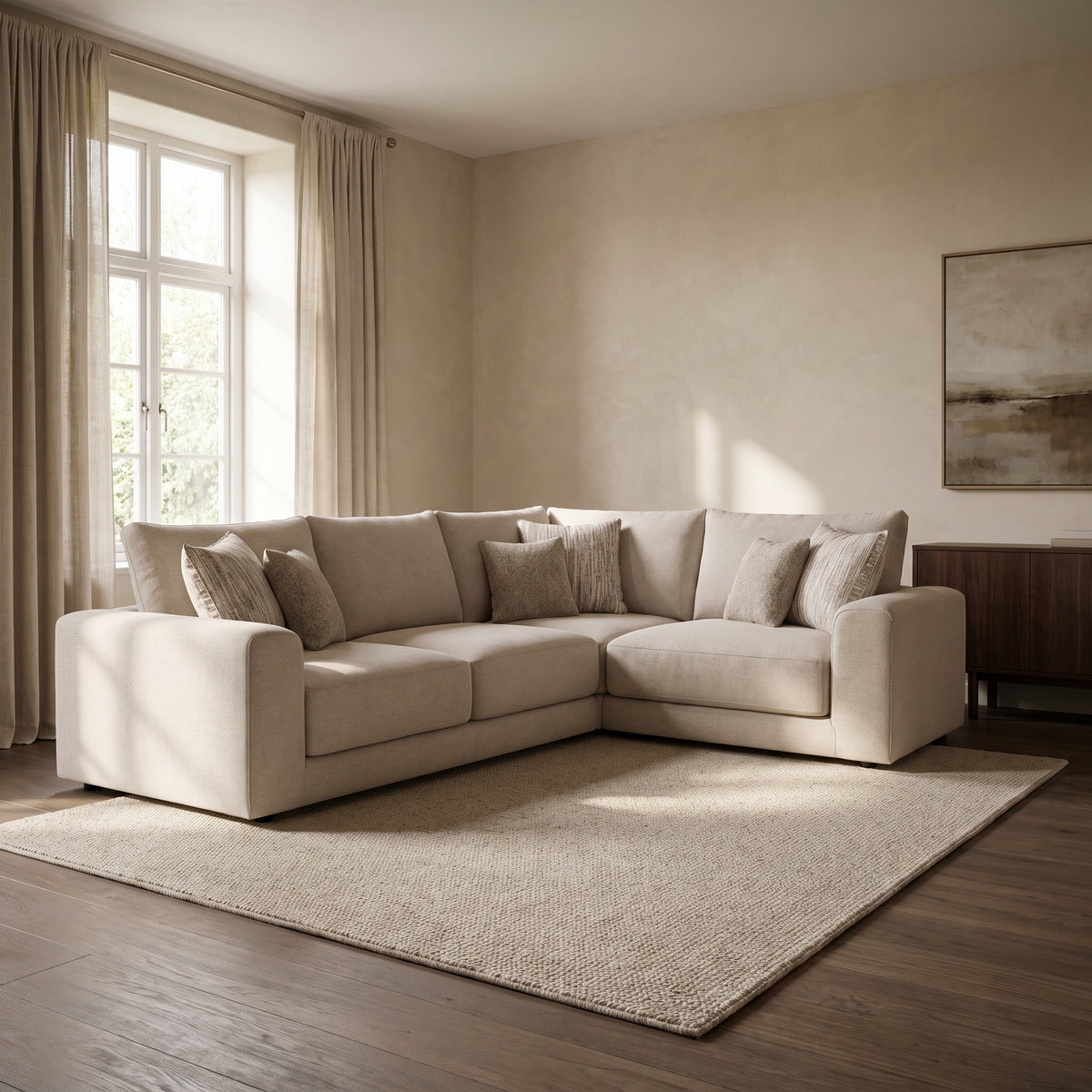 Portofino 2 Corner 1 Seater Sofa — main lifestyle view in a warm stone and walnut living room