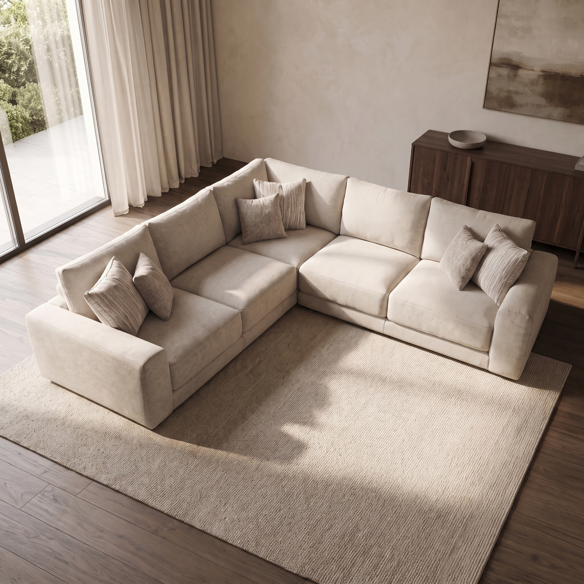 Portofino 2 Corner 2 Seater Sofa — elevated camera view in a warm stone and walnut living room