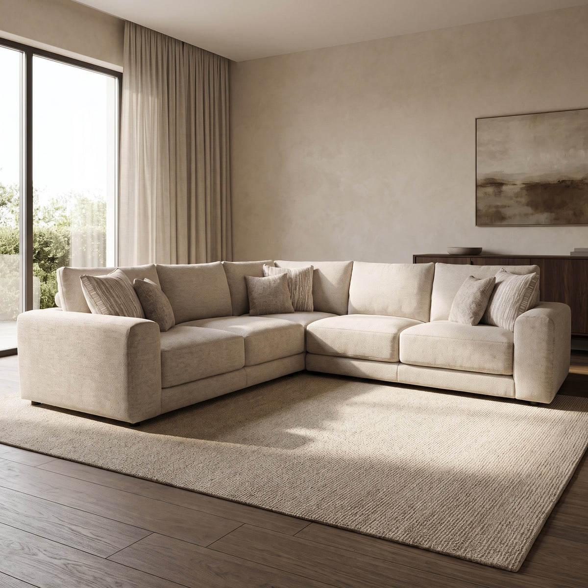 Portofino 2 Corner 2 Seater Sofa — main lifestyle view in a warm stone and walnut living room