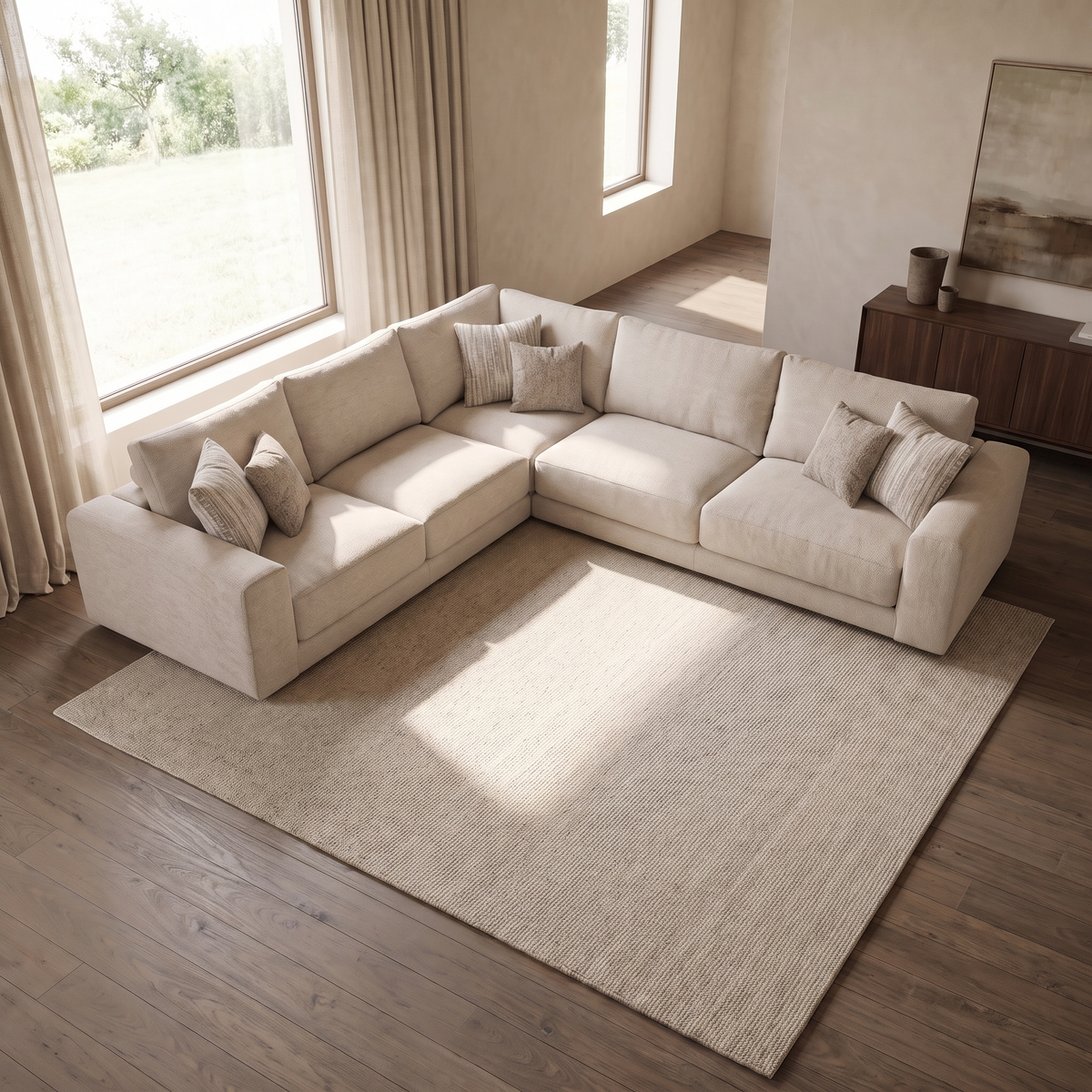Portofino 2 Corner 3 Seater Sofa — elevated camera view in a warm stone and walnut living room