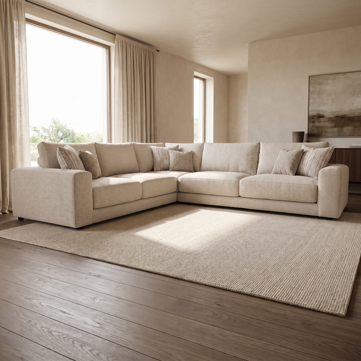 Portofino 2 Corner 3 Seater Sofa — main lifestyle view in a warm stone and walnut living room