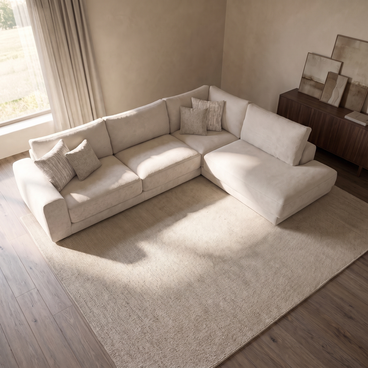 Portofino 3 Corner 1 Chaise Sofa — elevated camera view in a warm stone and walnut living room