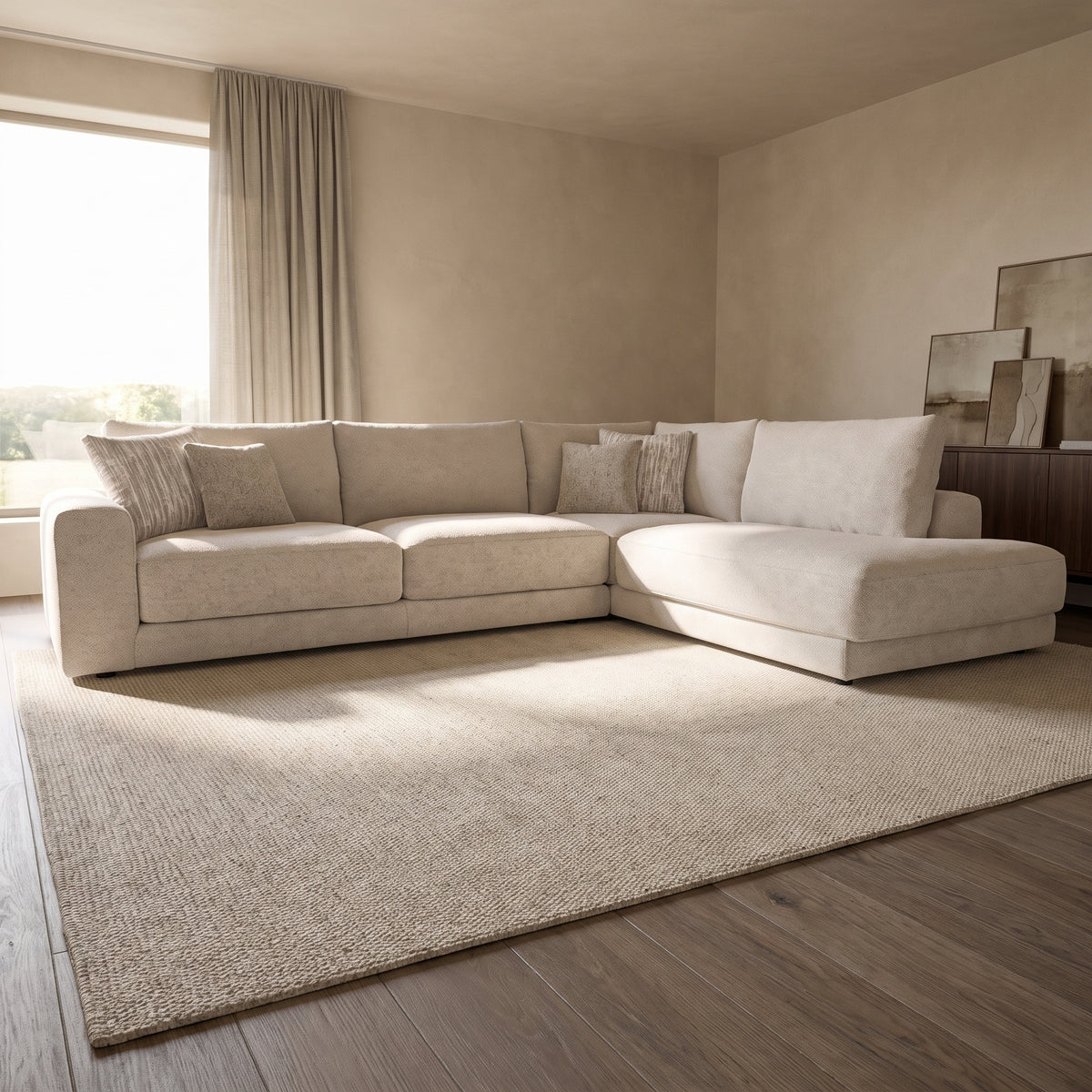 Portofino 3 Corner 1 Chaise Sofa — main lifestyle view in a warm stone and walnut living room