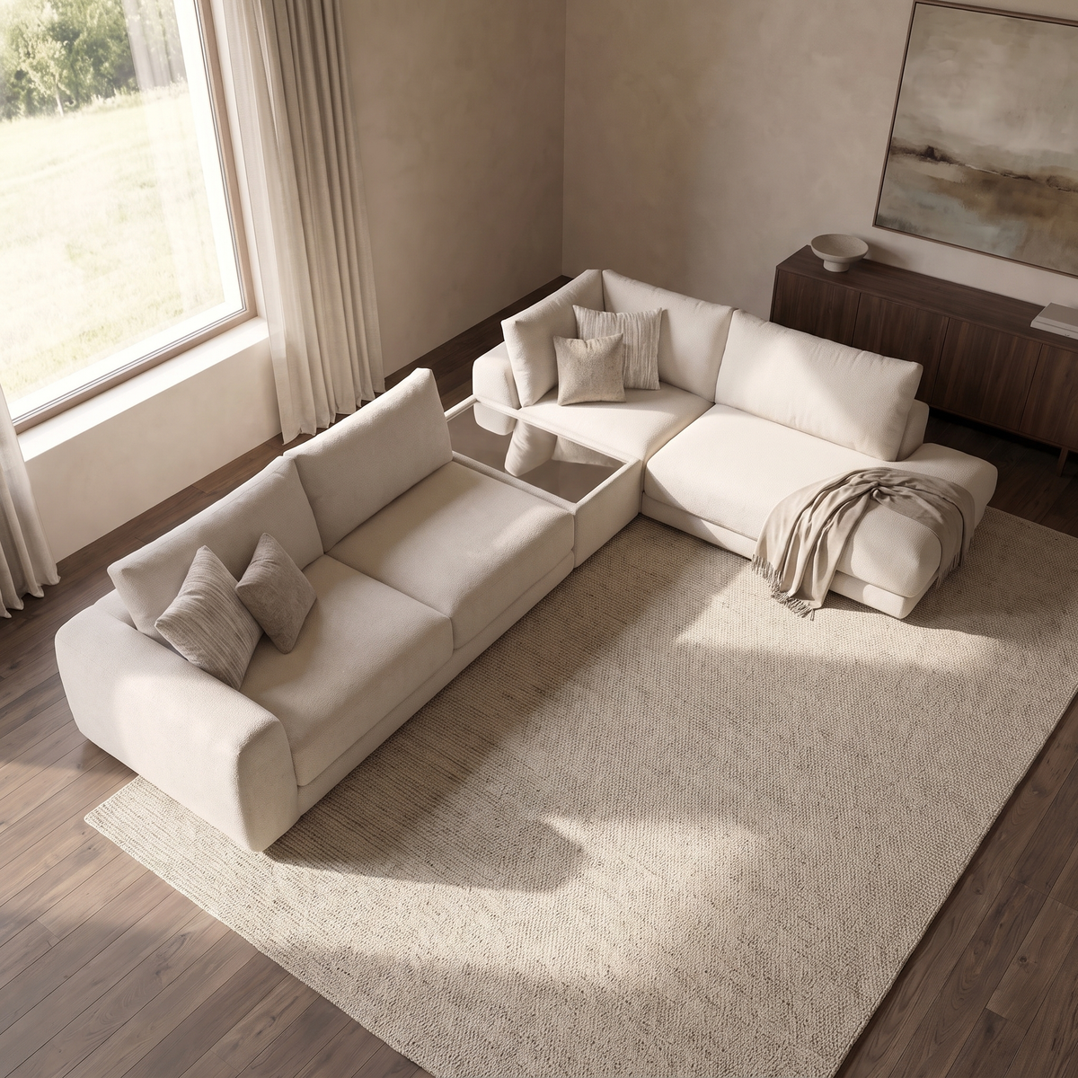 Portofino 3 Corner 1 Chaise Sofa with Console — elevated camera view in a warm stone and walnut living room