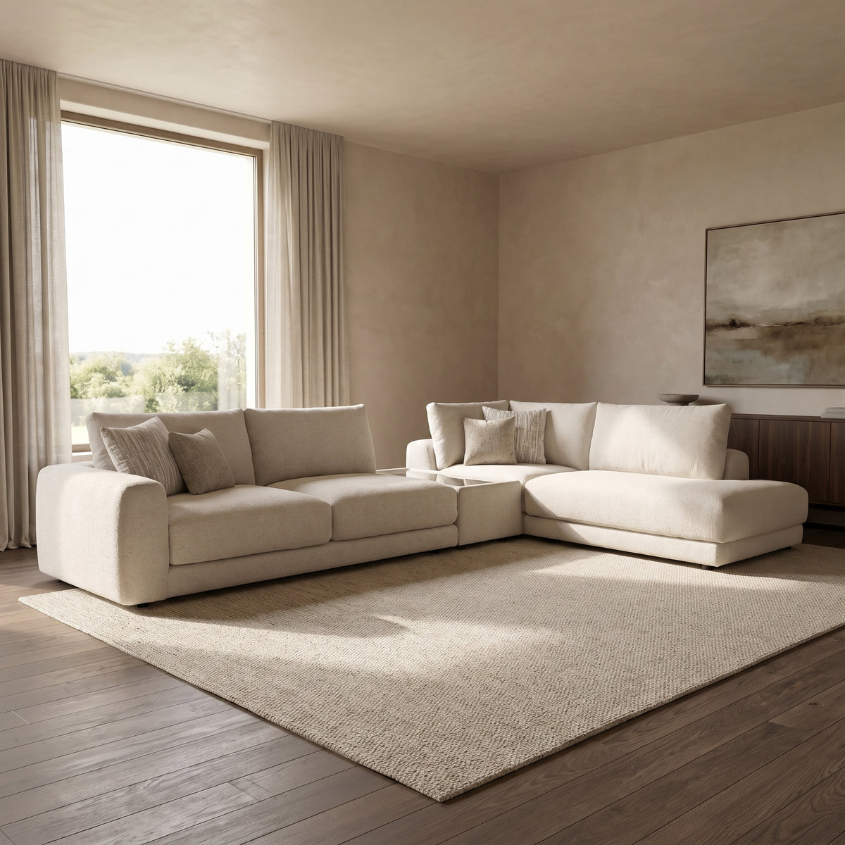 Portofino 3 Corner 1 Chaise Sofa with Console — main lifestyle view in a warm stone and walnut living room