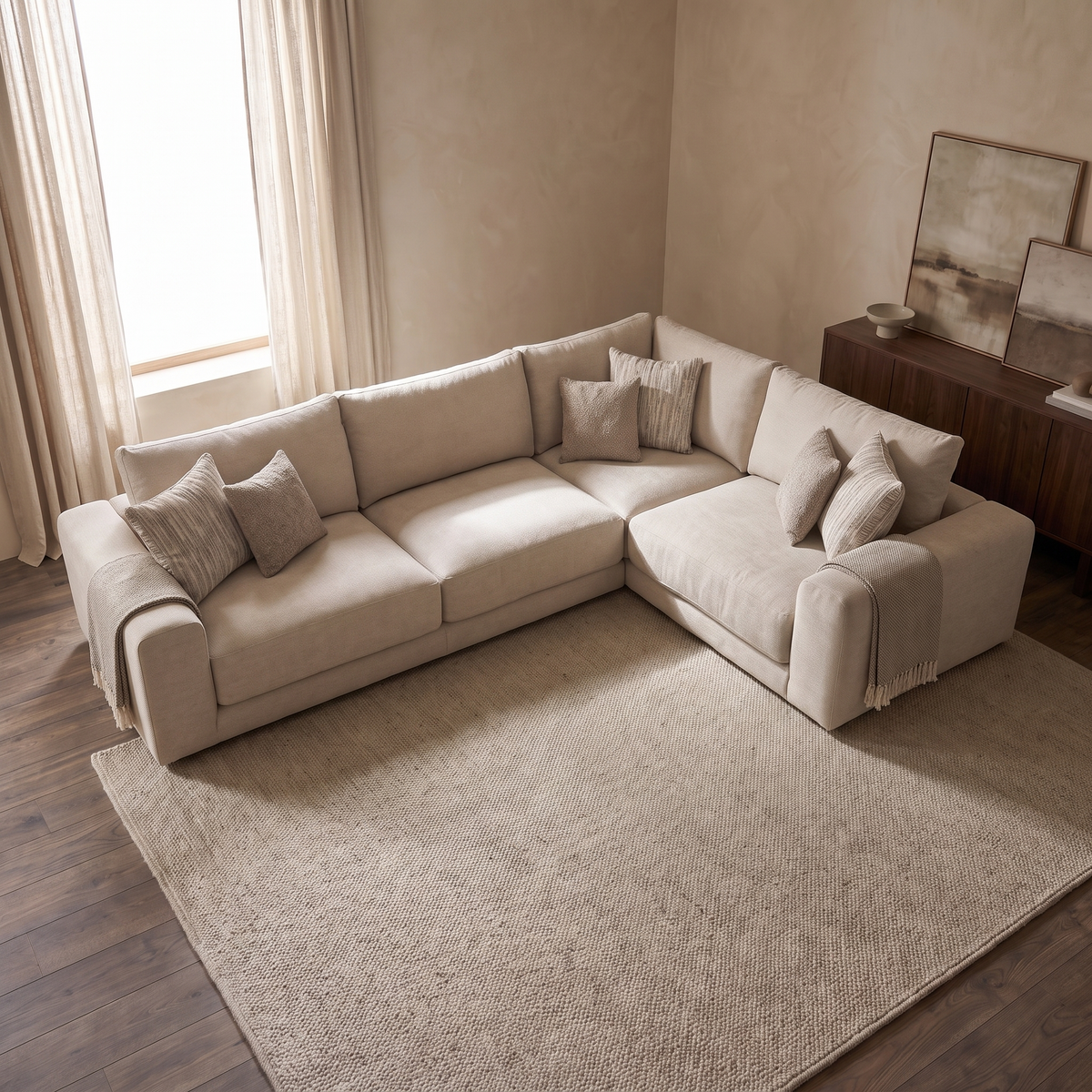 Portofino 3 Corner 1 Seater Sofa — elevated camera view in a warm stone and walnut living room