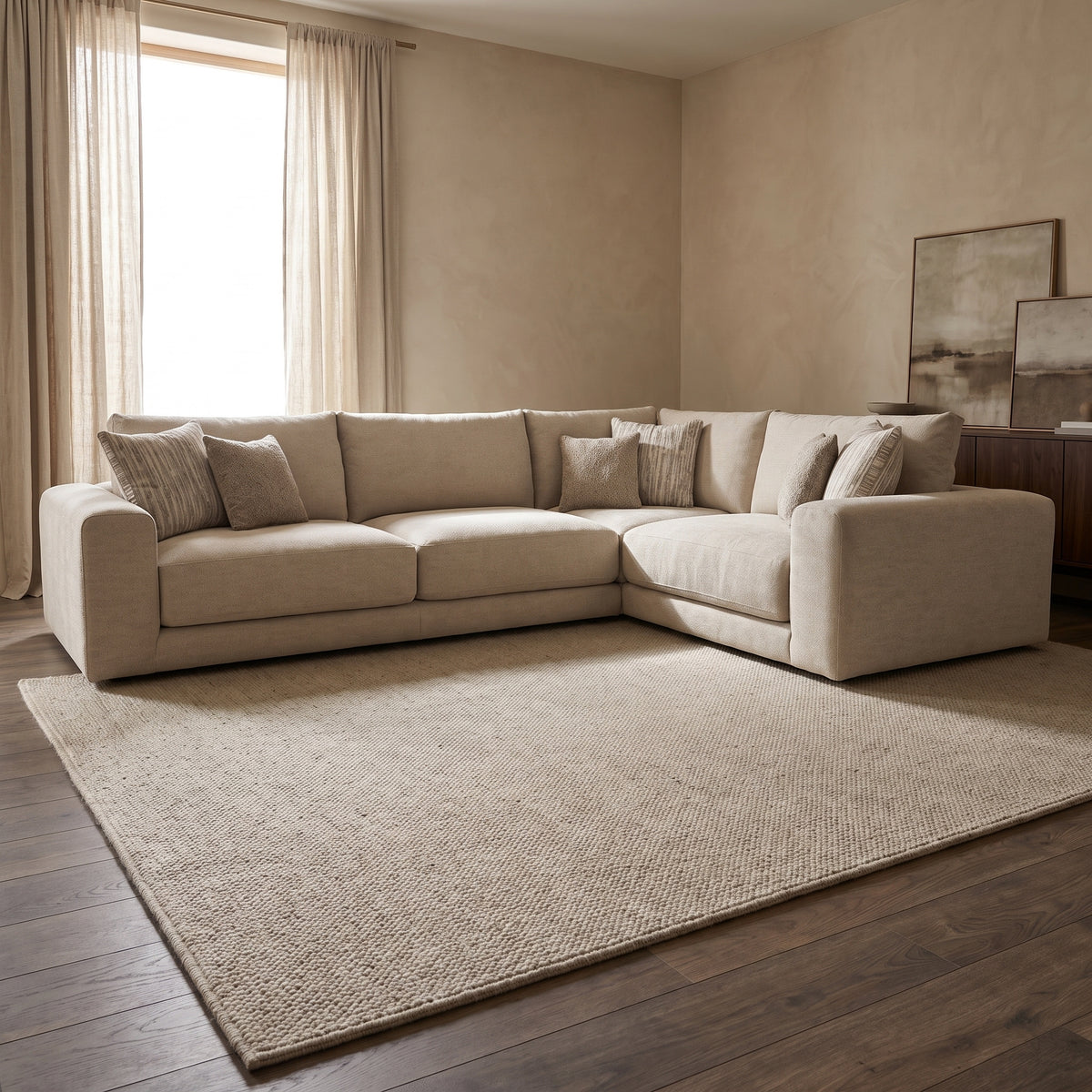 Portofino 3 Corner 1 Seater Sofa — main lifestyle view in a warm stone and walnut living room