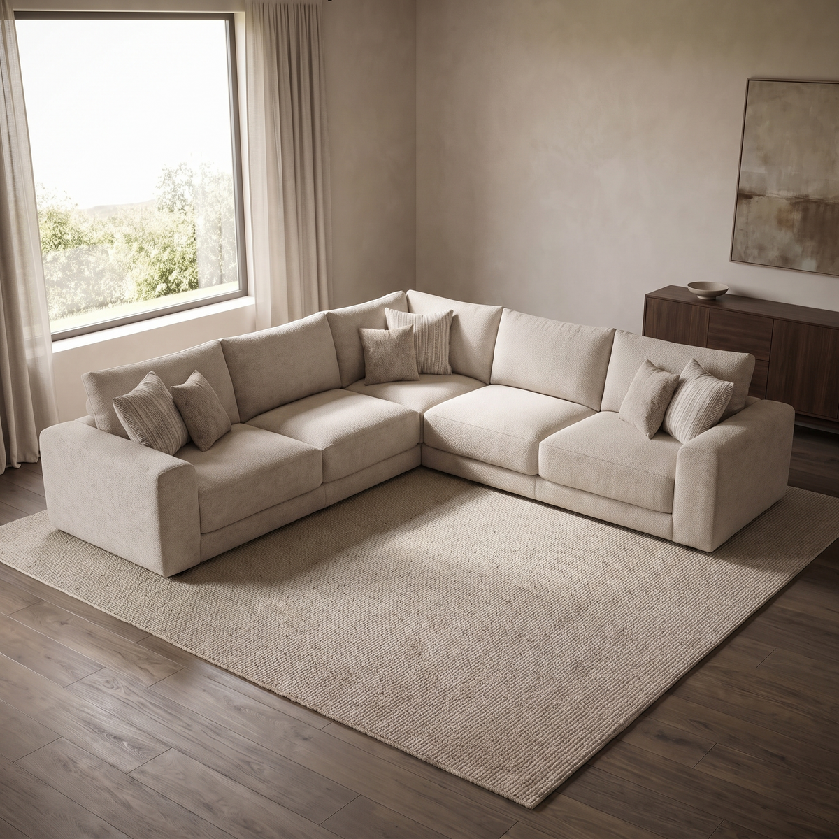 Portofino 3 Corner 2 Seater Sofa — elevated camera view in a warm stone and walnut living room