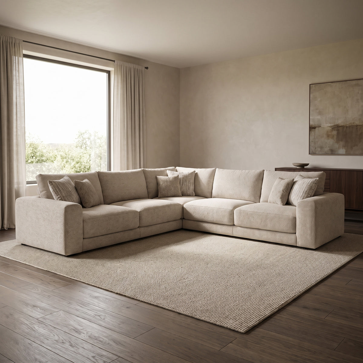Portofino 3 Corner 2 Seater Sofa — main lifestyle view in a warm stone and walnut living room