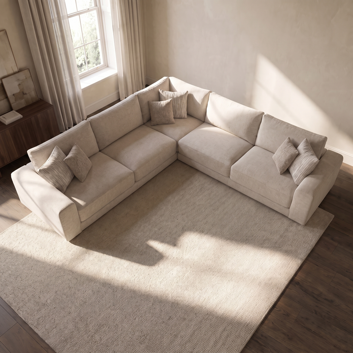 Portofino 3 Corner 3 Seater Sofa — elevated camera view in a warm stone and walnut living room