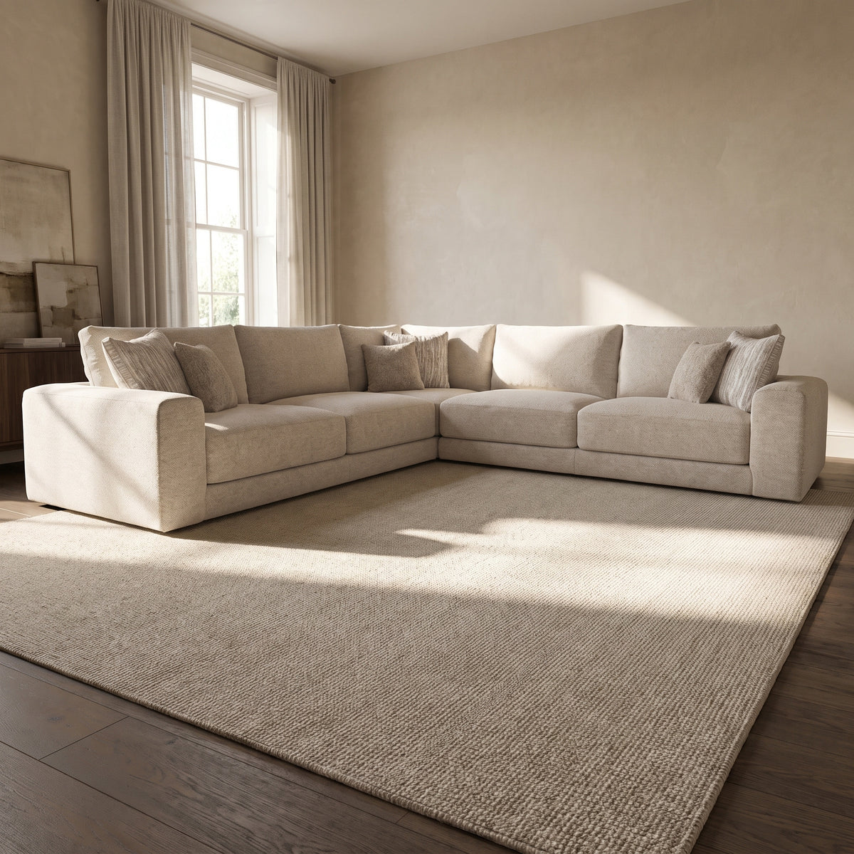 Portofino 3 Corner 3 Seater Sofa — main lifestyle view in a warm stone and walnut living room