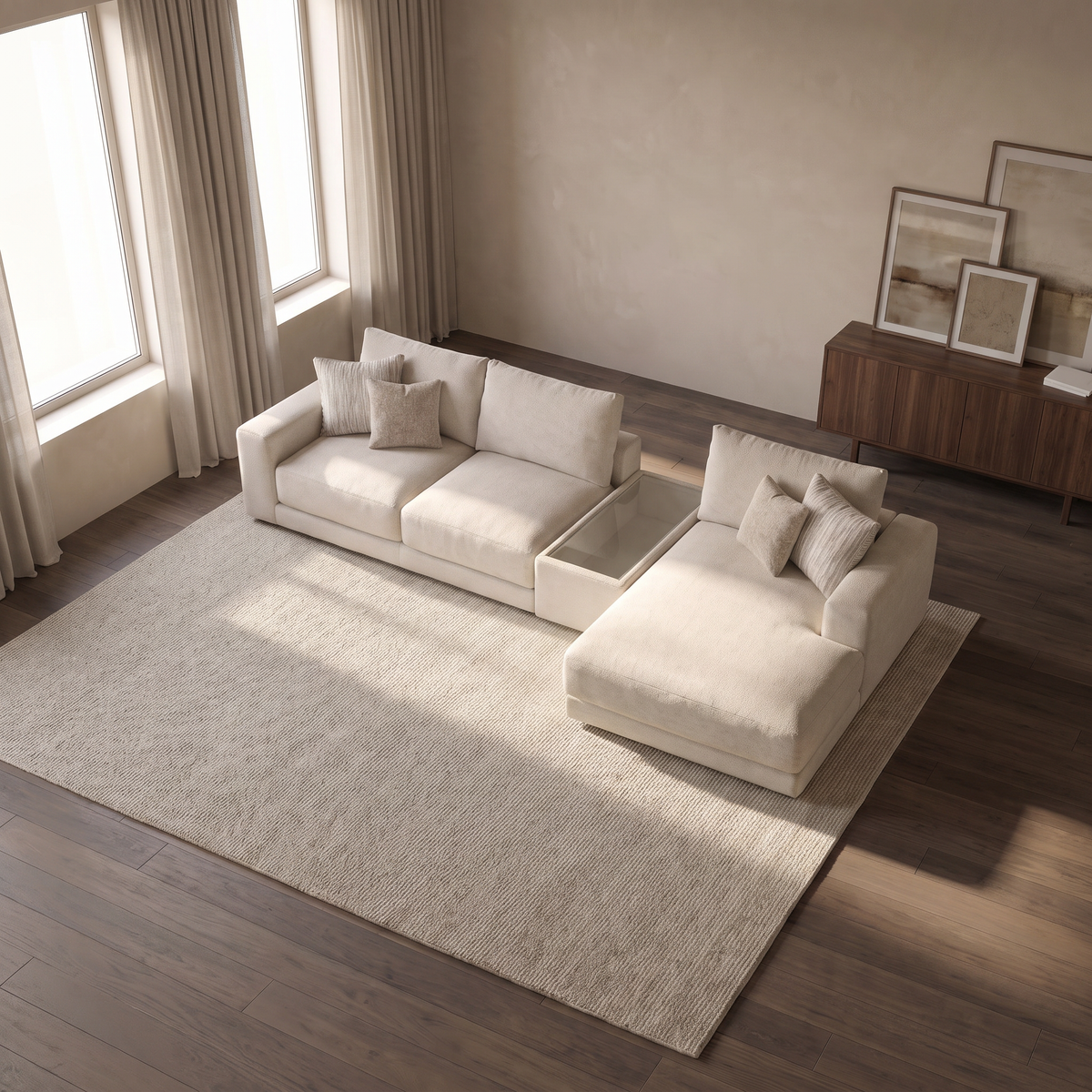 Portofino 3 Seater Chaise with Console Sofa — elevated camera view in a warm stone and walnut living room